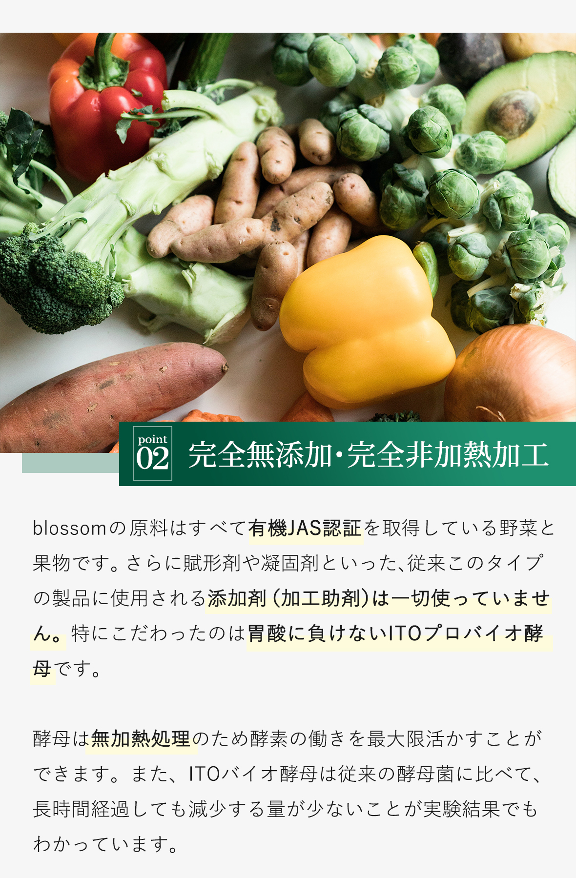 Point02 完全無添加・完全非加熱加工:blossomの原料はすべて有機JAS認証を取得している野菜と果物です。さらに賦形剤や凝固剤といった、従来このタイプの製品に使用される添加剤（加工助剤）は一切使っていません。特にこだわったのは胃酸に負けないITOプロバイオ酵母です。
酵母は人間の小腸に定住し、消化系や免疫系、自律神経系といった様々な身体機能を保つ働きをします。無加熱処理のため酵素の働きを最大限活かすことができます。また、ITOバイオ酵母は従来の酵母菌に比べて、長時間経過しても減少する量が少ないことが実験結果でもわかっています。